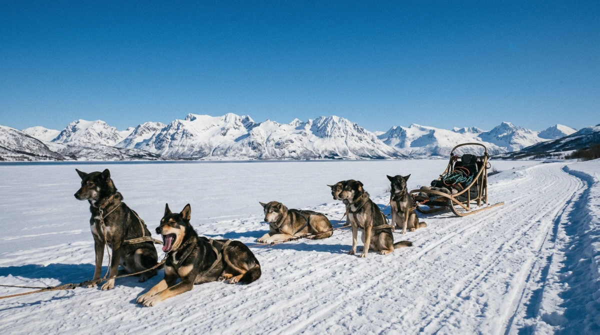 Huskies resting in harness beside a frozen fjord near Tromsø on a sunny March day, the best time for husky dog sledding in Tromsø