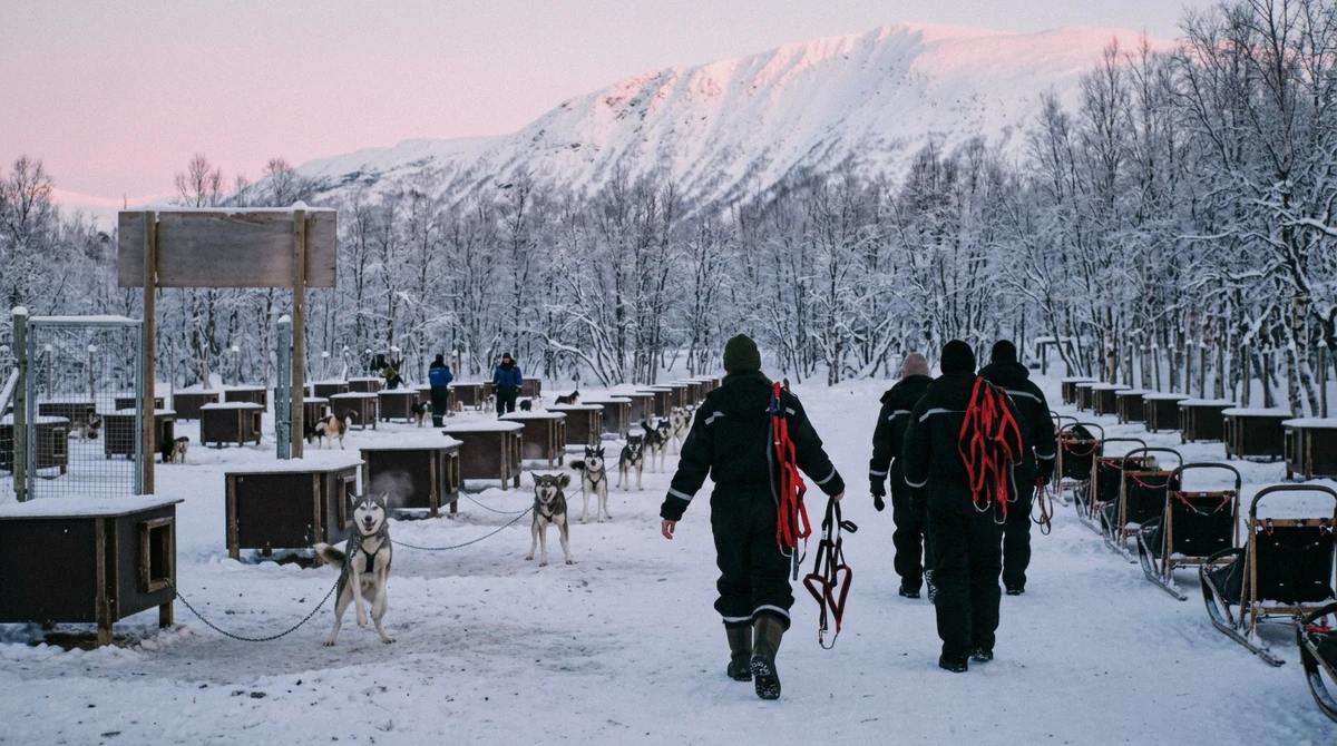Guests carrying harnesses through a husky kennel yard near Tromsø, time at the kennel included in husky dog sledding tours