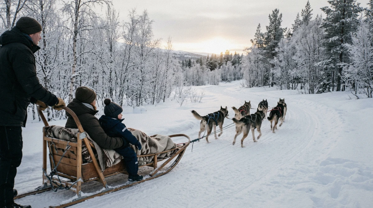A child riding in a husky sled while a musher drives, the guided husky dog sledding ride from Tromsø