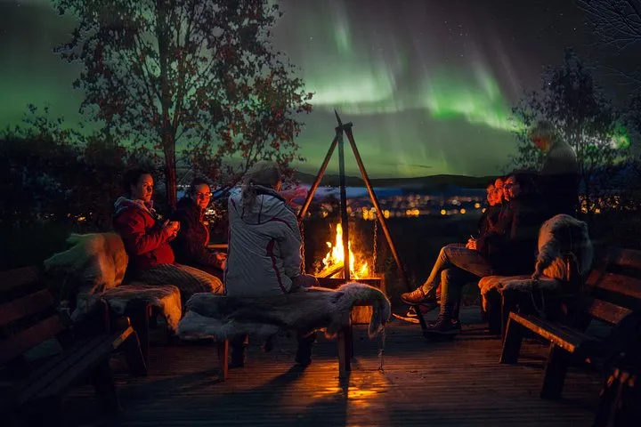 Huskies at an aurora camp at night near Tromsø on a husky visit alongside husky dog sledding tours